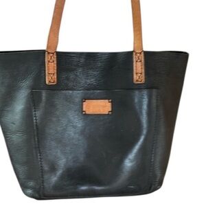 Lazarus Leather Strap Black Tote Bag with Tan Handles